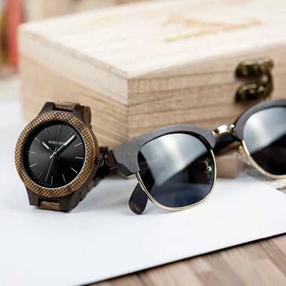 BOBO BIRD Men's Watch Sunglasses Set Wooden Timepieces Japan Movement Quartz Watches Men Great Custom Gift reloj hombre