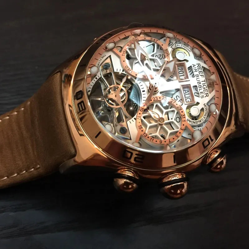 Reef Tiger/RT Sport Watch For Men Skeleton Luminous Watch Year Month Date Day Rose Gold Automatic Watches RGA703