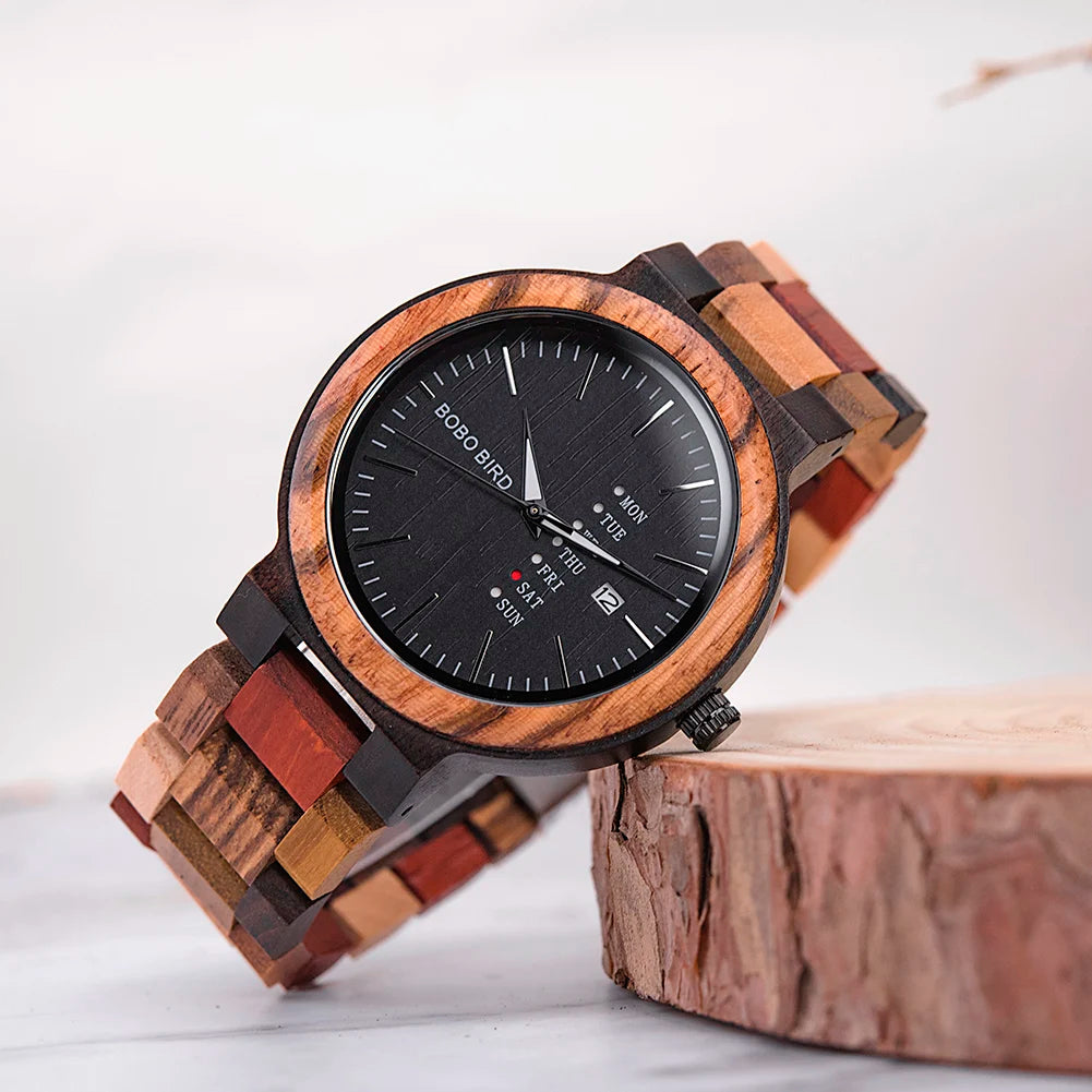 BOBO BIRD Couple Wooden Watch Luxury Brand Wood Timepieces Week Date Display Quartz Watches for Men Women Customized Family Gift