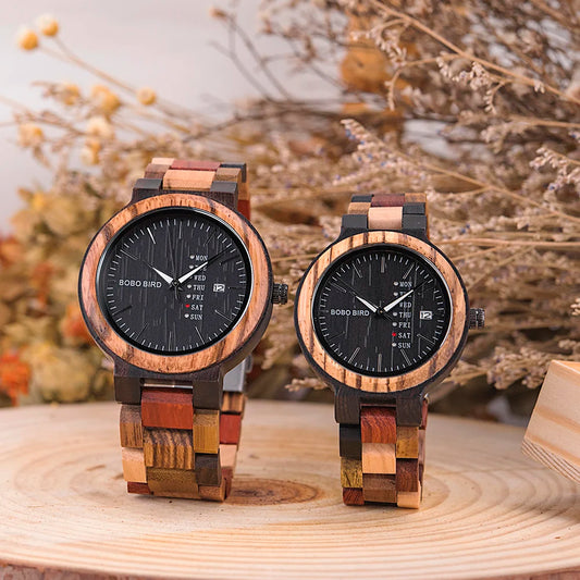 BOBO BIRD Couple Wooden Watch Luxury Brand Wood Timepieces Week Date Display Quartz Watches for Men Women Customized Family Gift