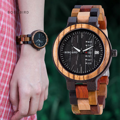 BOBO BIRD Couple Wooden Watch Luxury Brand Wood Timepieces Week Date Display Quartz Watches for Men Women Customized Family Gift