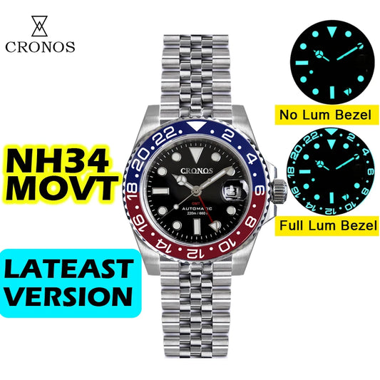 Cronos GMT Automatic Men Watch Bidirectional Bezel Sapphire 20 ATM NH34 Solid 5 links Metal Bracelet BGW-9 Lum